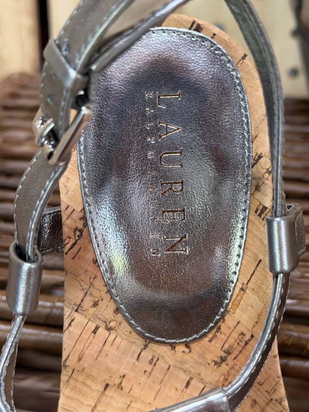 Lauren Ralph Lauren Metallic Gray Cork Wedge Sandals 7.5 - Picture 3 of 8